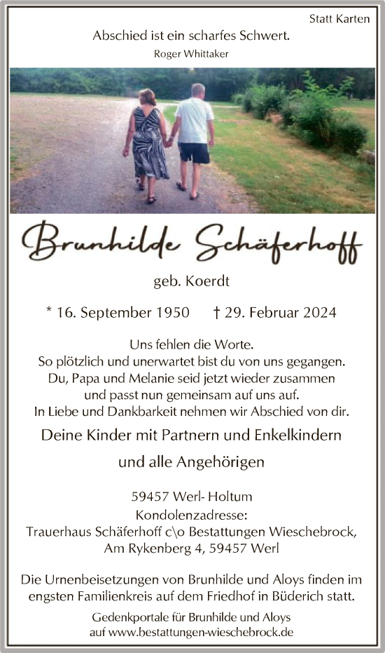 Todesanzeige von Brunhilde Schäferhoff von WA