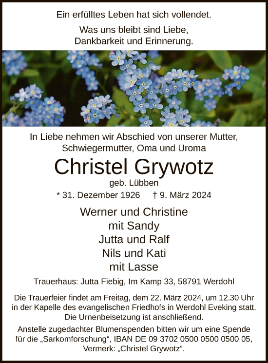 Todesanzeige von Christel Grywotz von WA