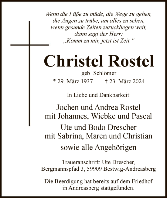 Todesanzeige von Christel Rostel von WA