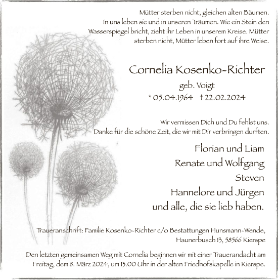 Todesanzeige von Cornelia Kosenko-Richter von WA