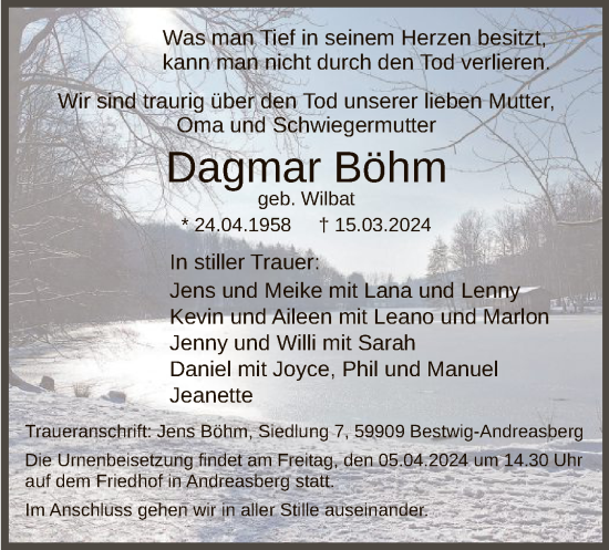 Todesanzeige von Dagmar Böhm von WA