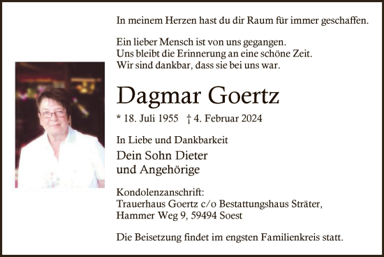 Todesanzeige von Dagmar Goertz von WA