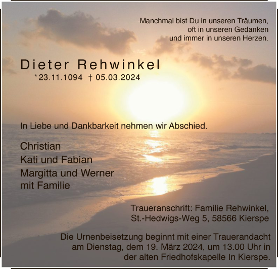 Todesanzeige von Dieter Rehwinkel von WA