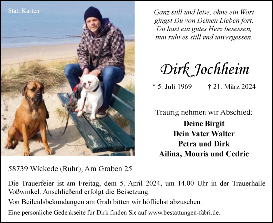 Todesanzeige von Dirk Jochheim von WA