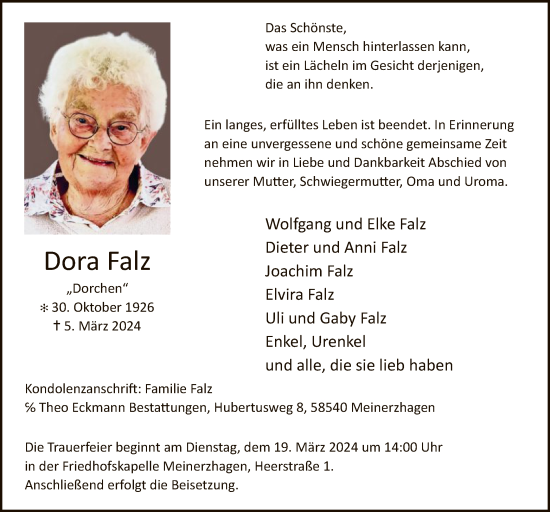 Todesanzeige von Dora Falz von WA