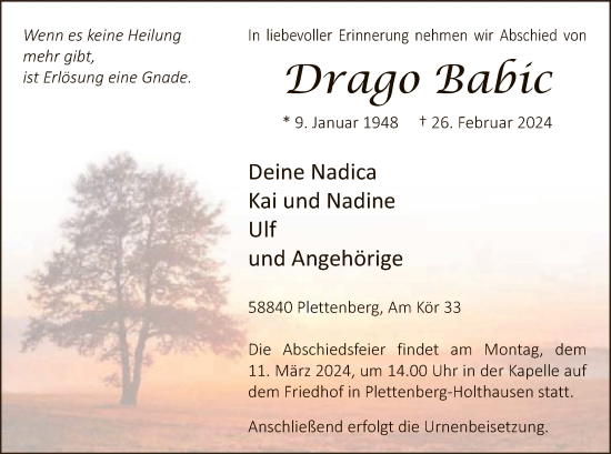 Todesanzeige von Drago Babic von WA