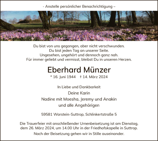 Todesanzeige von Eberhard Münzer von WA