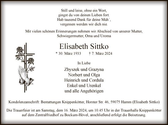 Todesanzeige von Elisabeth Sittko von WA