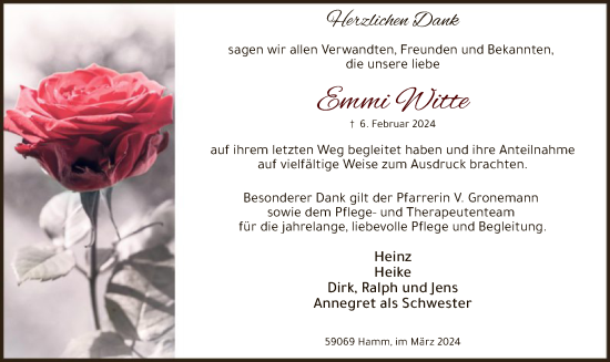 Todesanzeige von Emmi Witte von WA