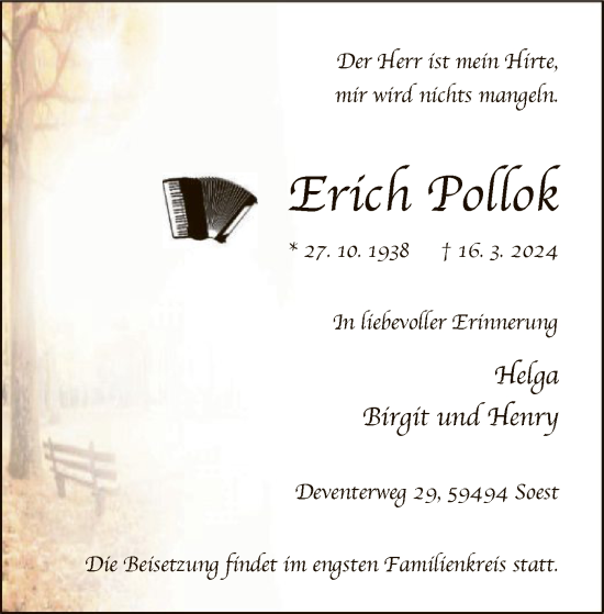 Todesanzeige von Erich Pollok von WA