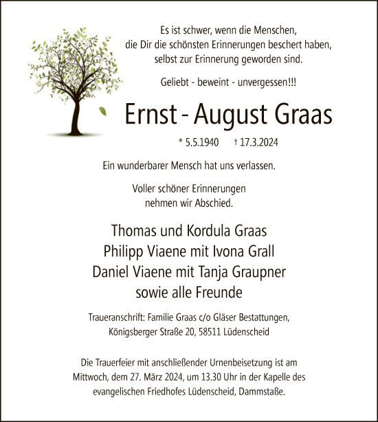 Todesanzeige von Ernst-August Graas von WA