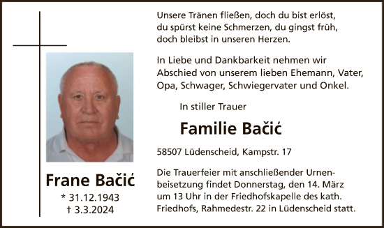Todesanzeige von Frane Bacic von WA
