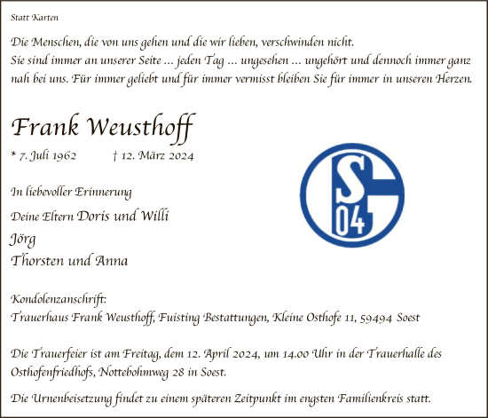 Todesanzeige von Frank Weusthoff von WA