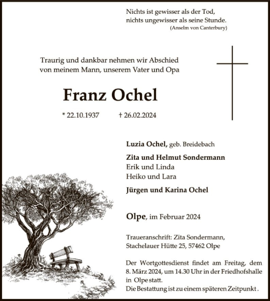 Todesanzeige von Franz Ochel von WA