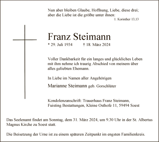 Todesanzeige von Franz Steimann von WA
