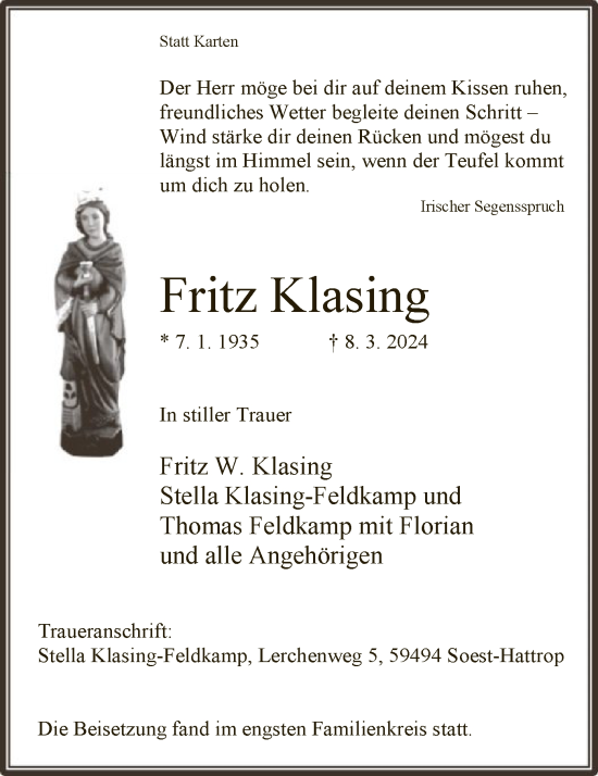 Todesanzeige von Fritz Klasing von WA