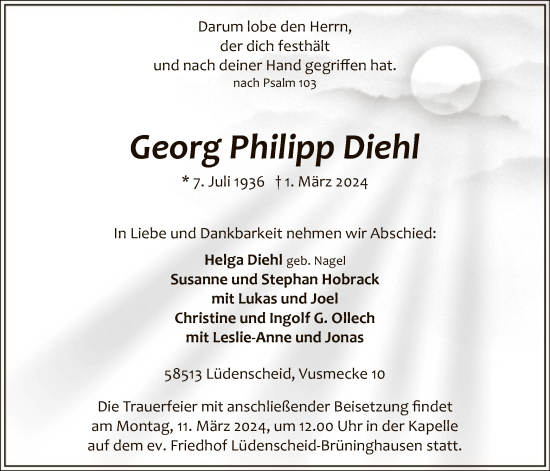 Todesanzeige von Georg Philipp Diehl von WA