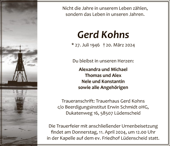 Todesanzeige von Gerd Kohns von WA