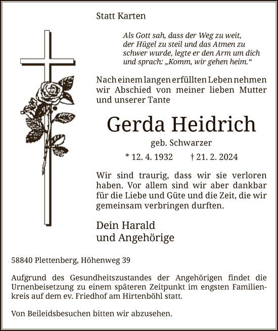 Todesanzeige von Gerda Heidrich von WA