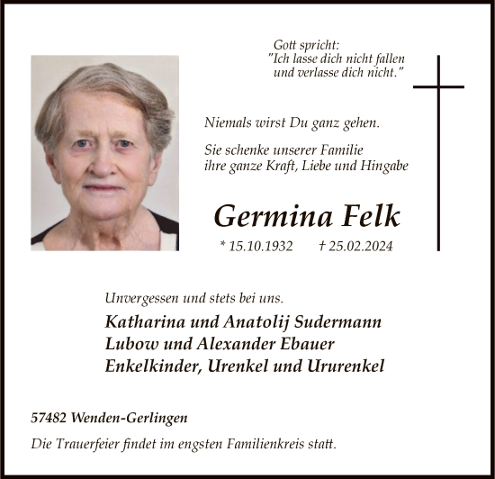 Todesanzeige von Germina Felk von WA