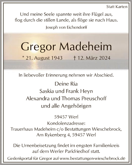Todesanzeige von Gregor Madeheim von WA
