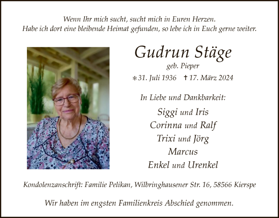 Todesanzeige von Gudrun Stäge von WA