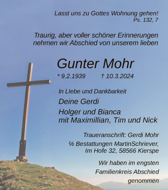 Todesanzeige von Gunter Mohr von WA