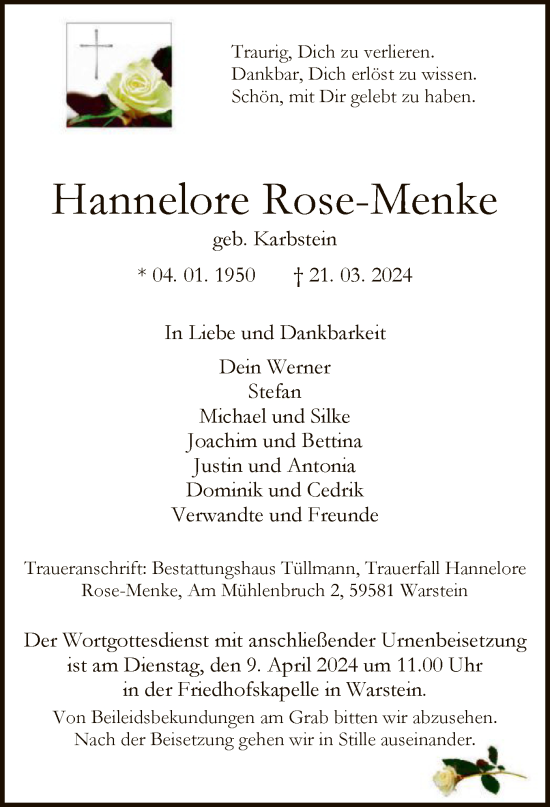 Todesanzeige von Hannelore Rose-Menke von WA