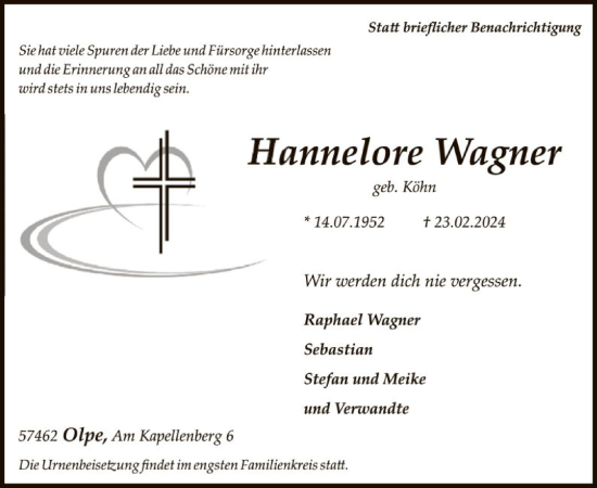 Todesanzeige von Hannelore Wagner von WA