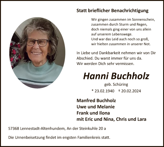 Todesanzeige von Hanni Buchholz von WA