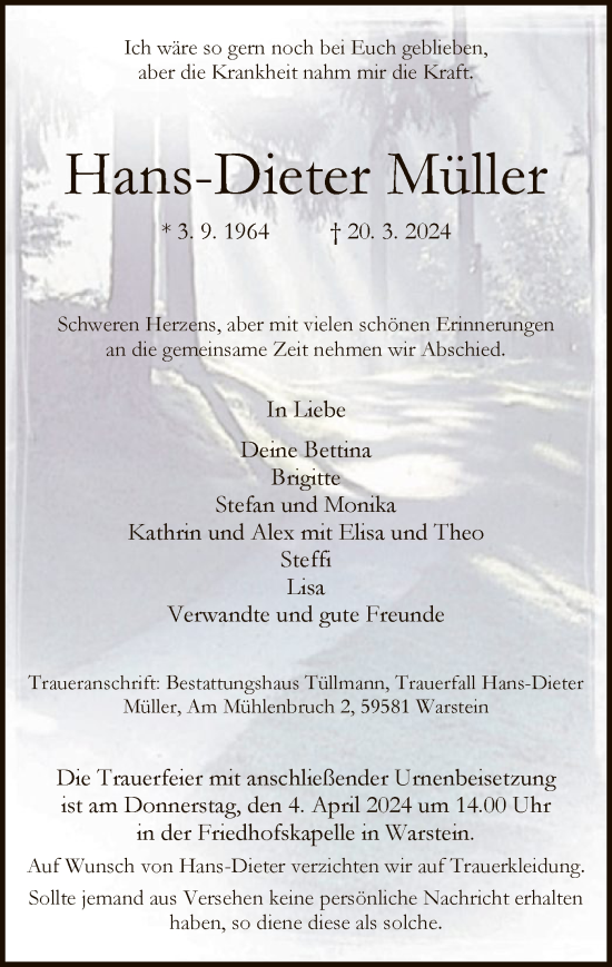 Todesanzeige von Hans-Dieter Müller von WA