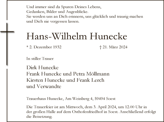 Todesanzeige von Hans-Wilhelm Hunecke von WA