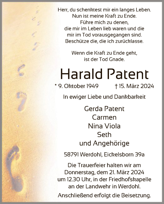 Todesanzeige von Harald Patent von WA