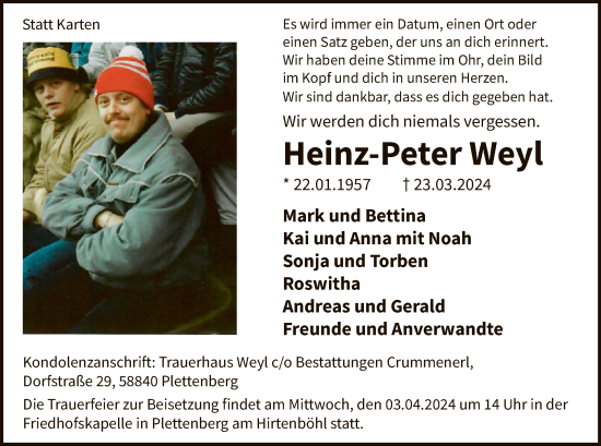 Todesanzeige von Heinz-Peter Weyl von WA