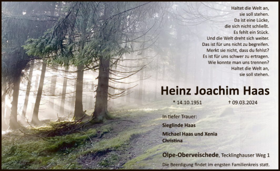 Todesanzeige von Heinz Joachim Haas von WA