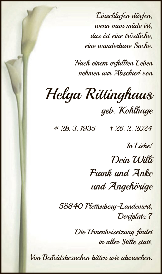 Todesanzeige von Helga Rittinghaus von WA