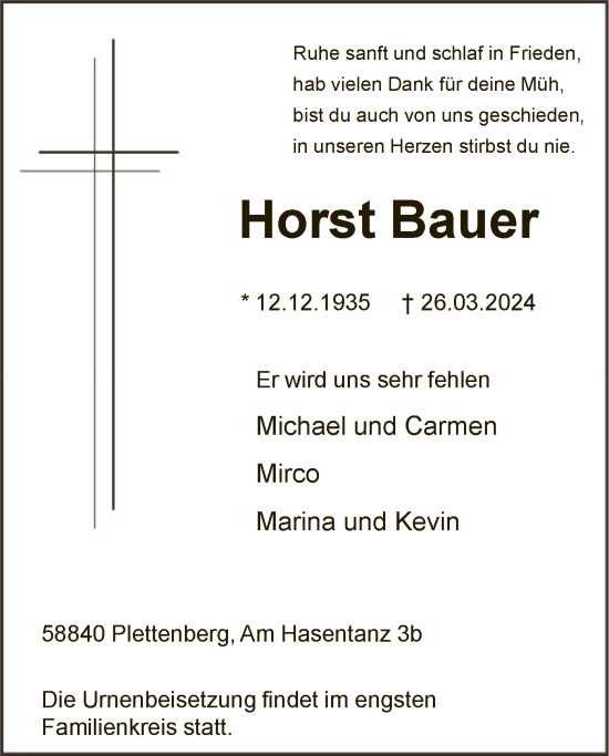Todesanzeige von Horst Bauer von WA