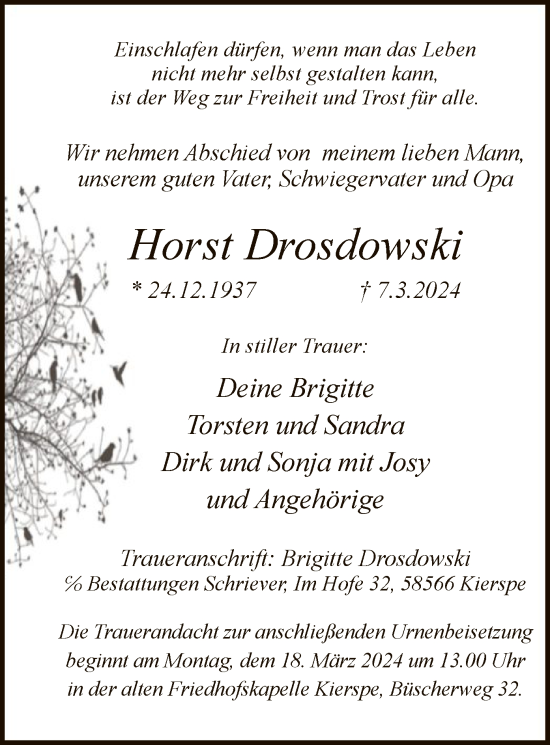 Todesanzeige von Horst Drosdowski von WA