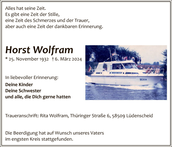 Todesanzeige von Horst Wolfram von WA