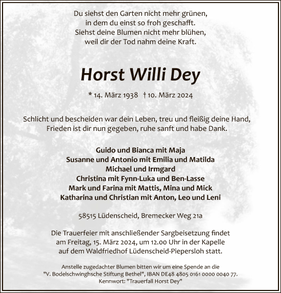 Todesanzeige von Horst Will Dey von WA