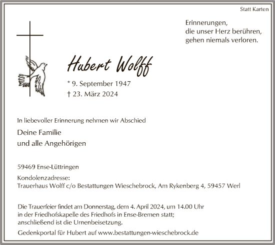Todesanzeige von Hubert Wolff von WA