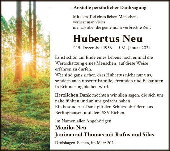 Todesanzeige von Hubertus Neu von WA