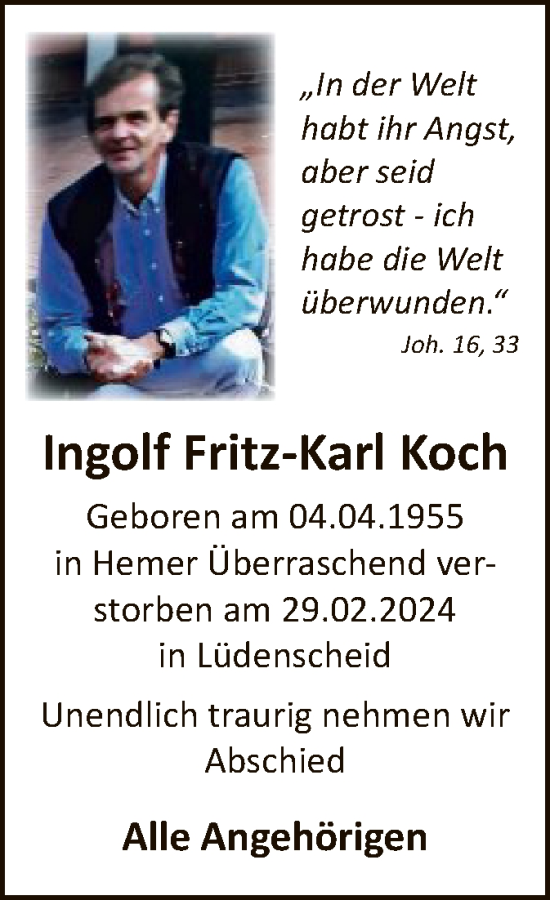 Todesanzeige von Ingolf Fritz-Karl Koch von WA