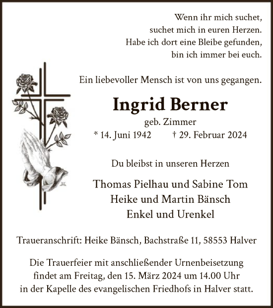 Todesanzeige von Ingrid Berner von WA