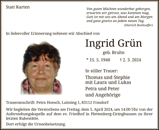 Todesanzeige von Ingrid Grün von WA