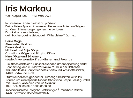 Todesanzeige von Iris Markau von WA