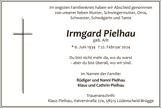Todesanzeige von Irmgard Pielhau von WA