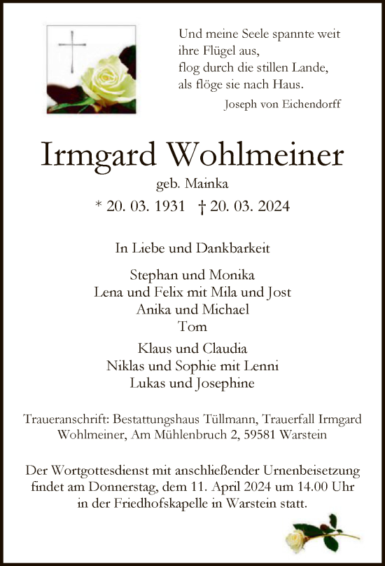 Todesanzeige von Irmgard Wohlmeiner von WA