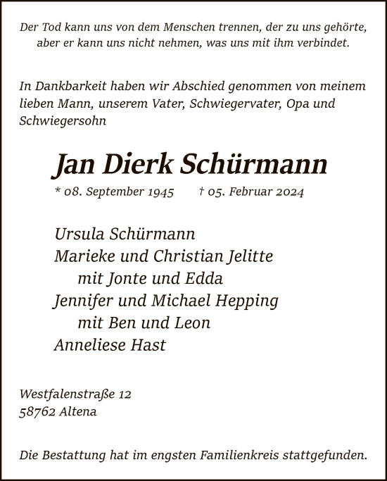 Todesanzeige von Jan Dierk Schürmann von WA