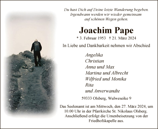 Todesanzeige von Joachim Pape von WA